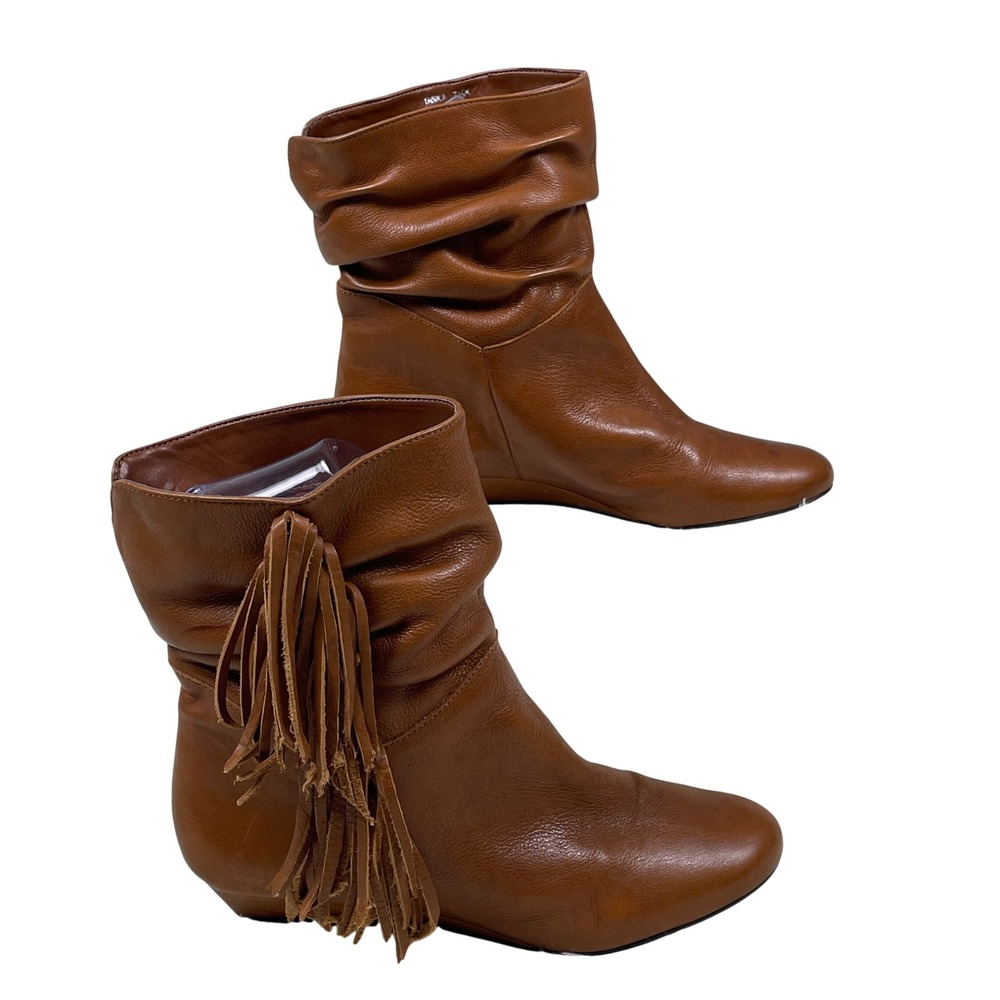 Steven Innka Fringe Slouch Ankle Boots Womens 7.5 Brown Leather Wedge Brazil